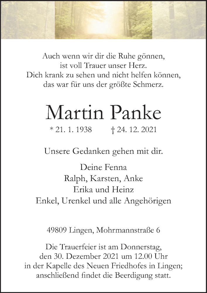  Traueranzeige für Martin Panke vom 28.12.2021 aus Neue Osnabrücker Zeitung GmbH & Co. KG
