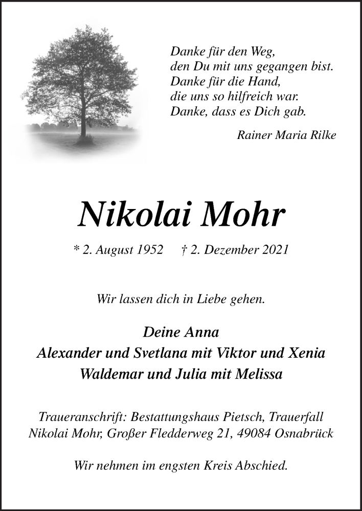  Traueranzeige für Nikolai Mohr vom 04.12.2021 aus Neue Osnabrücker Zeitung GmbH & Co. KG