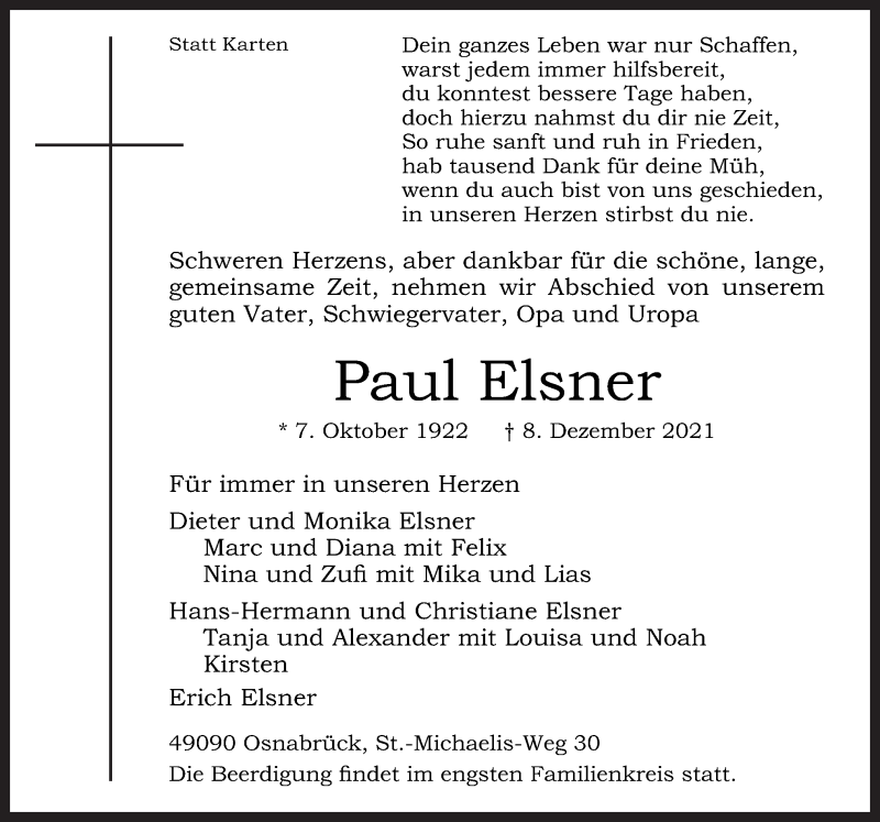  Traueranzeige für Paul Elsner vom 11.12.2021 aus Neue Osnabrücker Zeitung GmbH & Co. KG