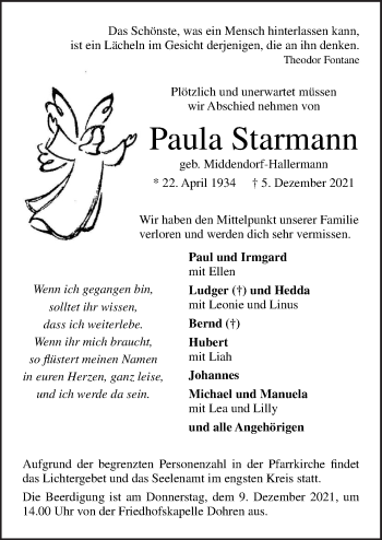 Traueranzeige von Paula Starmann von Neue Osnabrücker Zeitung GmbH & Co. KG