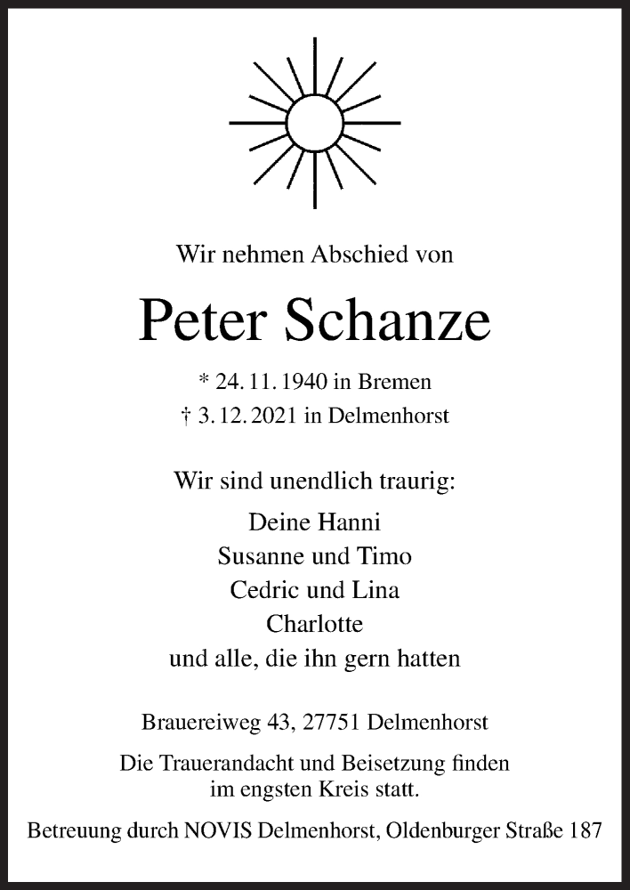  Traueranzeige für Peter Schanze vom 11.12.2021 aus Neue Osnabrücker Zeitung GmbH & Co. KG