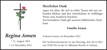 Traueranzeige von Regina Annen von Neue Osnabrücker Zeitung GmbH & Co. KG