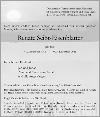 Traueranzeige von Renate Seibt-Eisenblätter von Neue Osnabrücker Zeitung GmbH & Co. KG