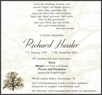 Traueranzeige von Richard Hassler von Neue Osnabrücker Zeitung GmbH & Co. KG