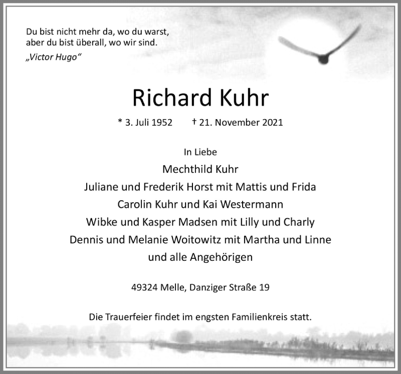  Traueranzeige für Richard Kuhr vom 30.11.2021 aus Neue Osnabrücker Zeitung GmbH & Co. KG