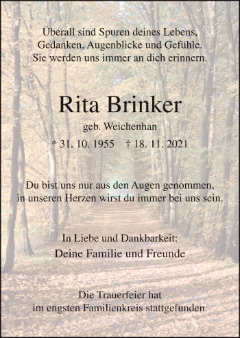 Traueranzeige von Rita Brinker von Neue Osnabrücker Zeitung GmbH & Co. KG