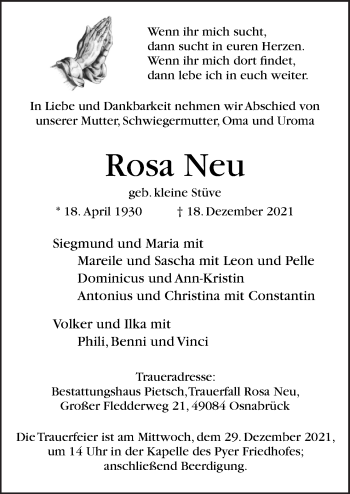 Traueranzeige von Rosa Neu von Neue Osnabrücker Zeitung GmbH & Co. KG