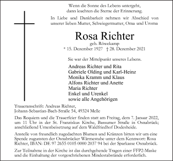 Traueranzeige von Rosa Richter von Neue Osnabrücker Zeitung GmbH & Co. KG