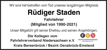 Traueranzeige von Rüdiger Staden von Neue Osnabrücker Zeitung GmbH & Co. KG