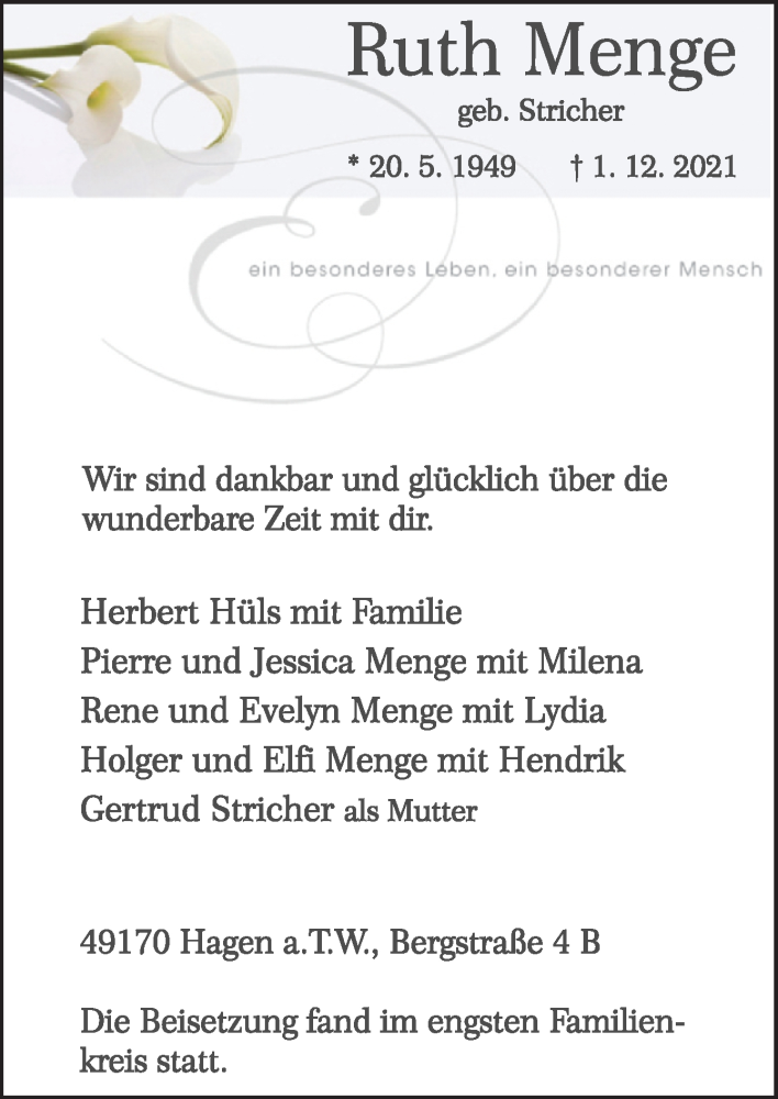  Traueranzeige für Ruth Menge vom 18.12.2021 aus Neue Osnabrücker Zeitung GmbH & Co. KG
