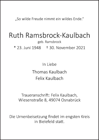 Traueranzeige von Ruth Ramsbrock-Kaulbach von Neue Osnabrücker Zeitung GmbH & Co. KG