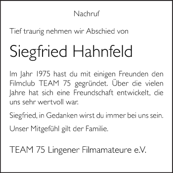 Traueranzeige von Siegfried Hahnfeld von Neue Osnabrücker Zeitung GmbH & Co. KG