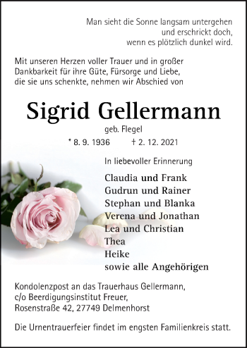 Traueranzeige von Sigrid Gellermann von Neue Osnabrücker Zeitung GmbH & Co. KG