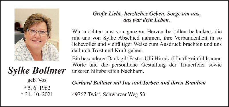  Traueranzeige für Sylke Bollmer vom 11.12.2021 aus Neue Osnabrücker Zeitung GmbH & Co. KG