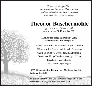 Traueranzeige von Theodor Buschermöhle von Neue Osnabrücker Zeitung GmbH & Co. KG