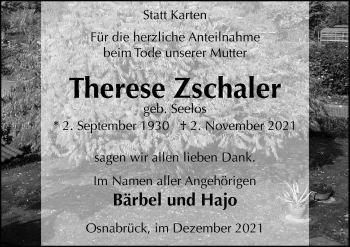 Traueranzeige von Therese Zschaler von Neue Osnabrücker Zeitung GmbH & Co. KG