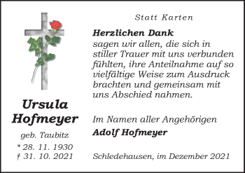 Traueranzeige von Ursula Hofmeyer von Neue Osnabrücker Zeitung GmbH & Co. KG