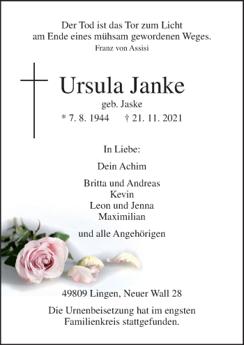 Traueranzeige von Ursula Janke von Neue Osnabrücker Zeitung GmbH & Co. KG