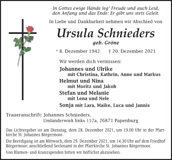 Traueranzeige von Ursula Schnieders von Neue Osnabrücker Zeitung GmbH & Co. KG