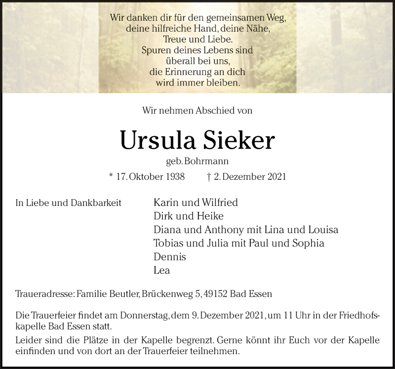  Traueranzeige für Ursula Sieker vom 04.12.2021 aus Neue Osnabrücker Zeitung GmbH & Co. KG