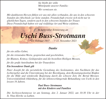 Traueranzeige von Uschi Buss-Strotmann von Neue Osnabrücker Zeitung GmbH & Co. KG