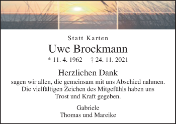 Traueranzeige von Uwe Brockmann von Neue Osnabrücker Zeitung GmbH & Co. KG