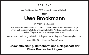 Traueranzeige von Uwe Brockmann von Neue Osnabrücker Zeitung GmbH & Co. KG