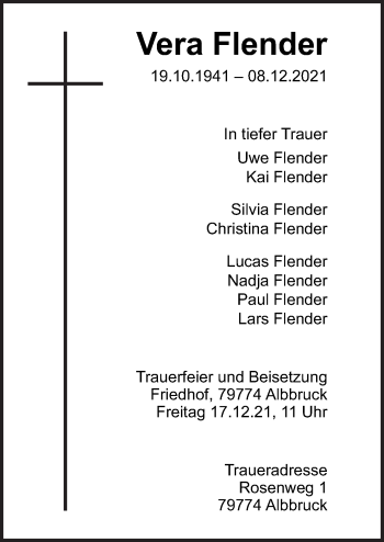 Traueranzeige von Vera Flender von Neue Osnabrücker Zeitung GmbH & Co. KG
