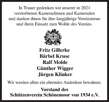 Traueranzeige von verstorbenen Kameradinnen Schützenverein Schönemoor von 1934 e.V. von Neue Osnabrücker Zeitung GmbH & Co. KG