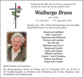 Traueranzeige von Walburga Bruns von Neue Osnabrücker Zeitung GmbH & Co. KG