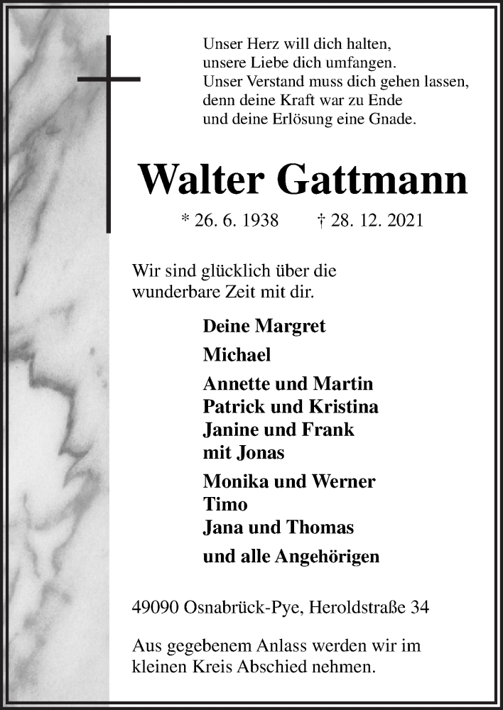  Traueranzeige für Walter Gattmann vom 31.12.2021 aus Neue Osnabrücker Zeitung GmbH & Co. KG