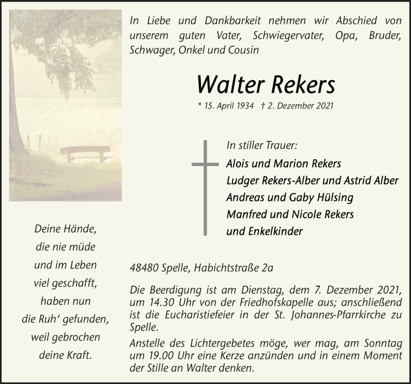  Traueranzeige für Walter Rekers vom 04.12.2021 aus Neue Osnabrücker Zeitung GmbH & Co. KG