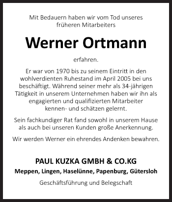 Traueranzeige von Werner Ortmann von Neue Osnabrücker Zeitung GmbH & Co. KG