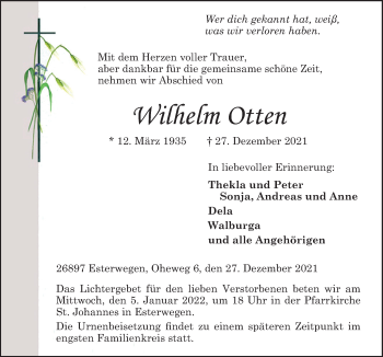 Traueranzeige von Wilhelm Otten von Neue Osnabrücker Zeitung GmbH & Co. KG