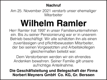 Traueranzeige von Wilhelm Ramler von Neue Osnabrücker Zeitung GmbH & Co. KG