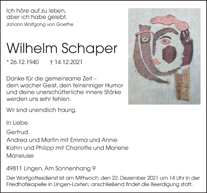  Traueranzeige für Wilhelm Schaper vom 18.12.2021 aus Neue Osnabrücker Zeitung GmbH & Co. KG