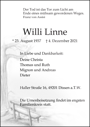 Traueranzeige von Willi Linne von Neue Osnabrücker Zeitung GmbH & Co. KG