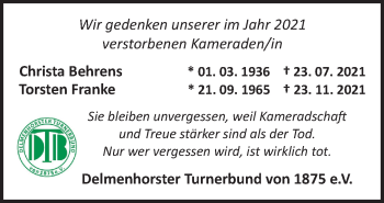 Traueranzeige von Wir gedenken Delmenhorster Turnerbund von Neue Osnabrücker Zeitung GmbH & Co. KG