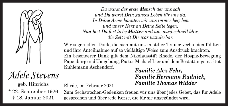  Traueranzeige für Adele Stevens vom 17.02.2021 aus Neue Osnabrücker Zeitung GmbH & Co. KG
