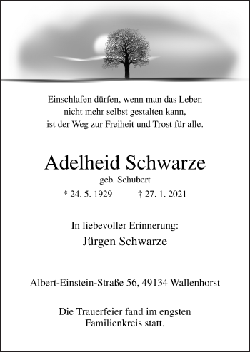Traueranzeige von Adelheid Schwarze von Neue Osnabrücker Zeitung GmbH & Co. KG