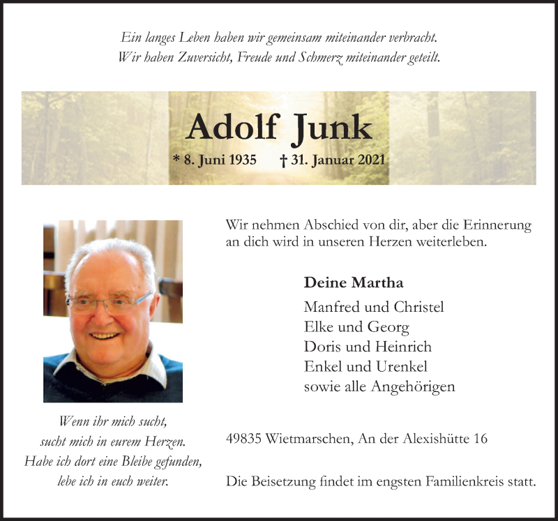  Traueranzeige für Adolf Junk vom 03.02.2021 aus Neue Osnabrücker Zeitung GmbH & Co. KG