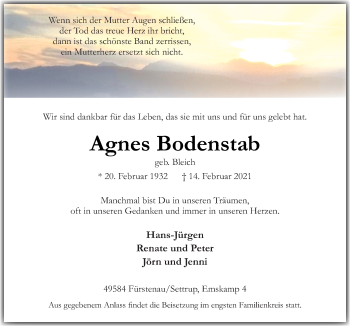 Traueranzeige von Agnes Bodenstab von Neue Osnabrücker Zeitung GmbH & Co. KG