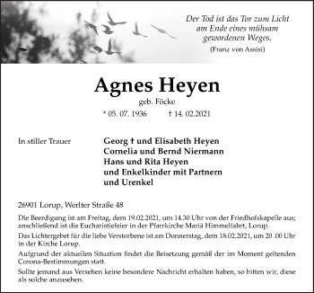 Traueranzeige von Agnes Heyen von Neue Osnabrücker Zeitung GmbH & Co. KG