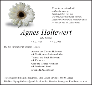 Traueranzeige von Agnes Holtewert von Neue Osnabrücker Zeitung GmbH & Co. KG