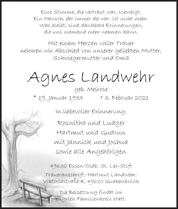 Traueranzeige von Agnes Landwehr von Neue Osnabrücker Zeitung GmbH & Co. KG