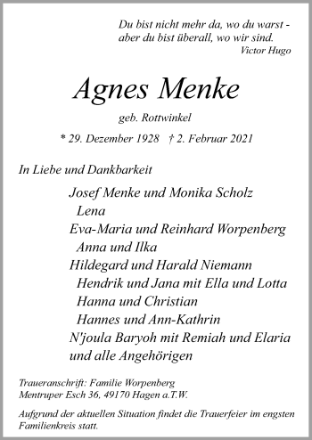 Traueranzeige von Agnes Menke von Neue Osnabrücker Zeitung GmbH & Co. KG