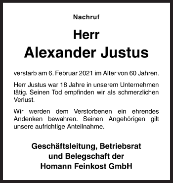 Traueranzeige von Alexander Justus von Neue Osnabrücker Zeitung GmbH & Co. KG
