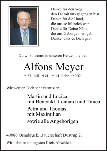 Traueranzeige von Alfons Meyer von Neue Osnabrücker Zeitung GmbH & Co. KG
