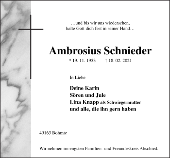 Traueranzeige von Ambrosius Schnieder von Neue Osnabrücker Zeitung GmbH & Co. KG