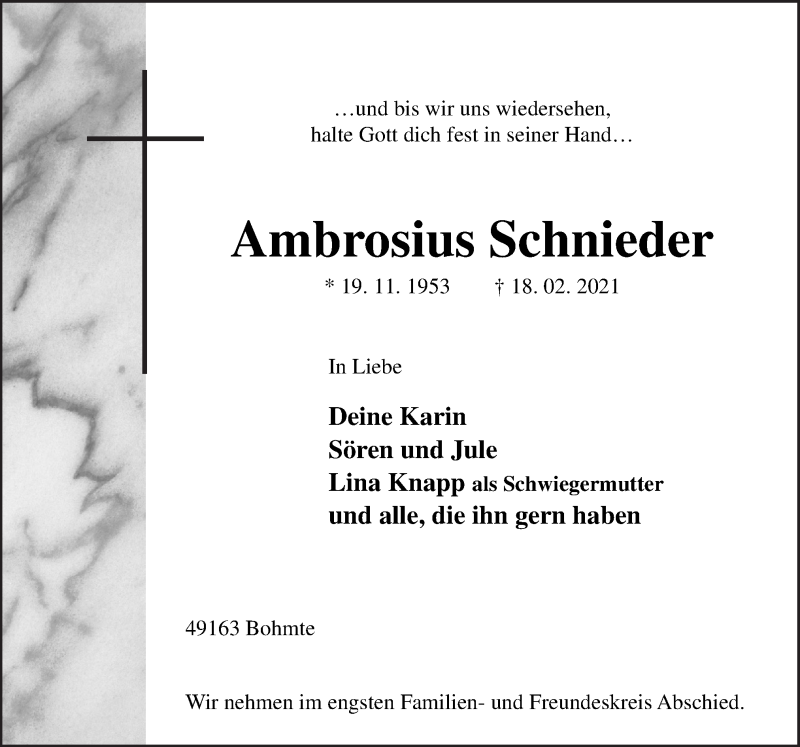  Traueranzeige für Ambrosius Schnieder vom 20.02.2021 aus Neue Osnabrücker Zeitung GmbH & Co. KG